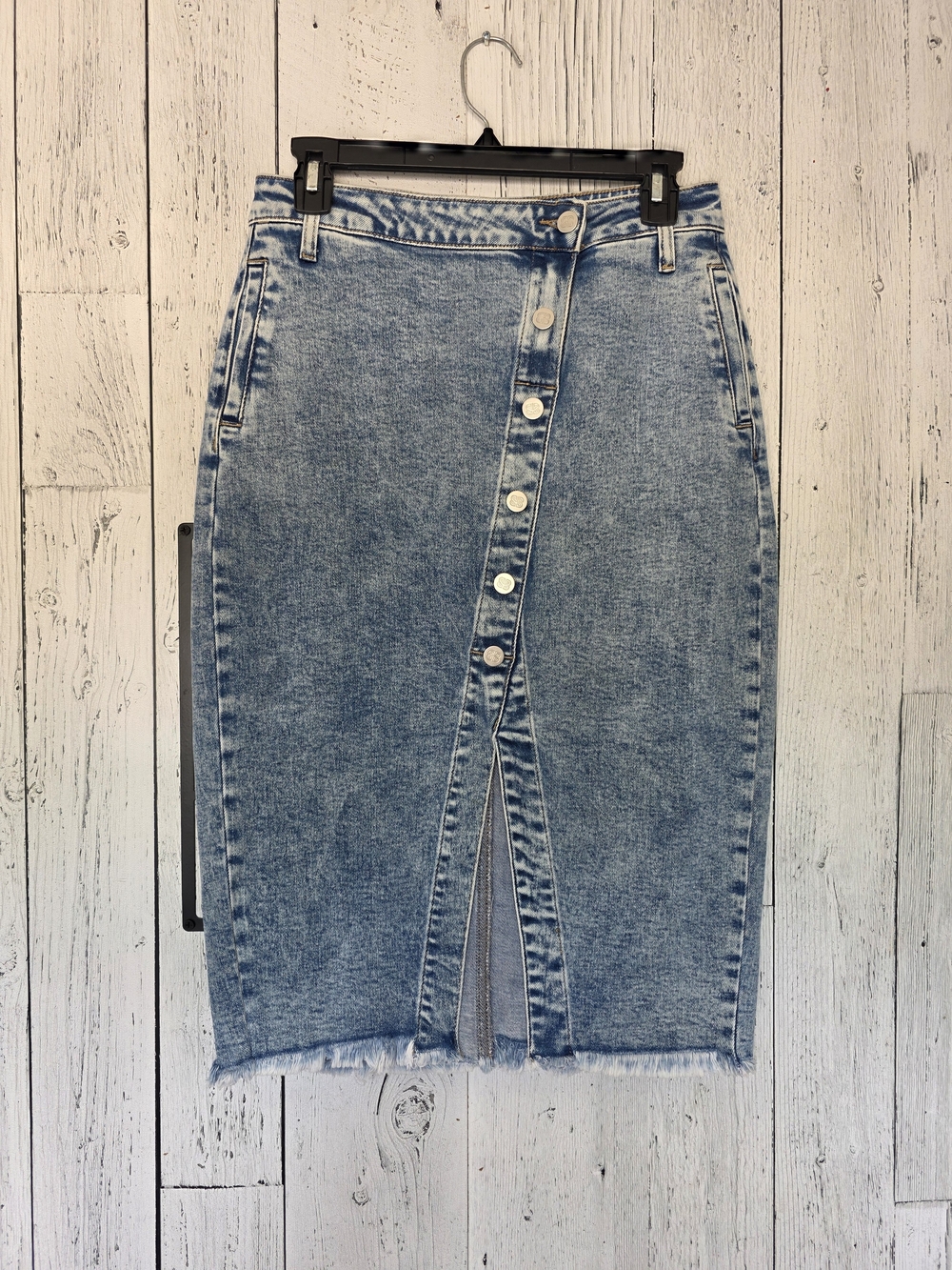Blakeley High Waisted Button Front Denim Midi Skirt Raw Hem Stretch S/M NWOT